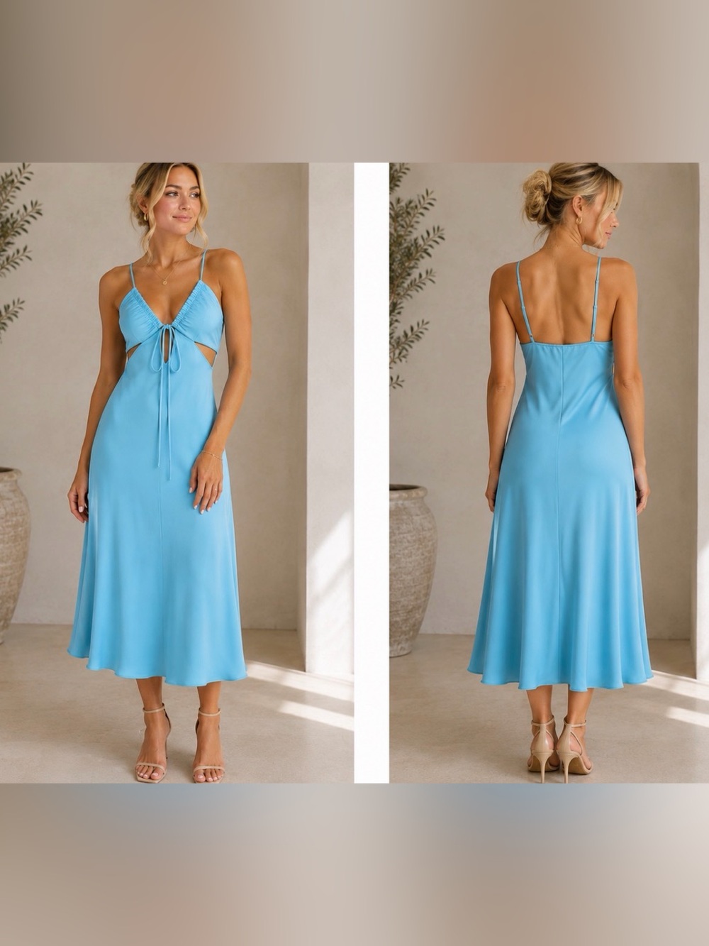 Lucy Paris Tie-Front Satin Midi Dress - Sky Blue